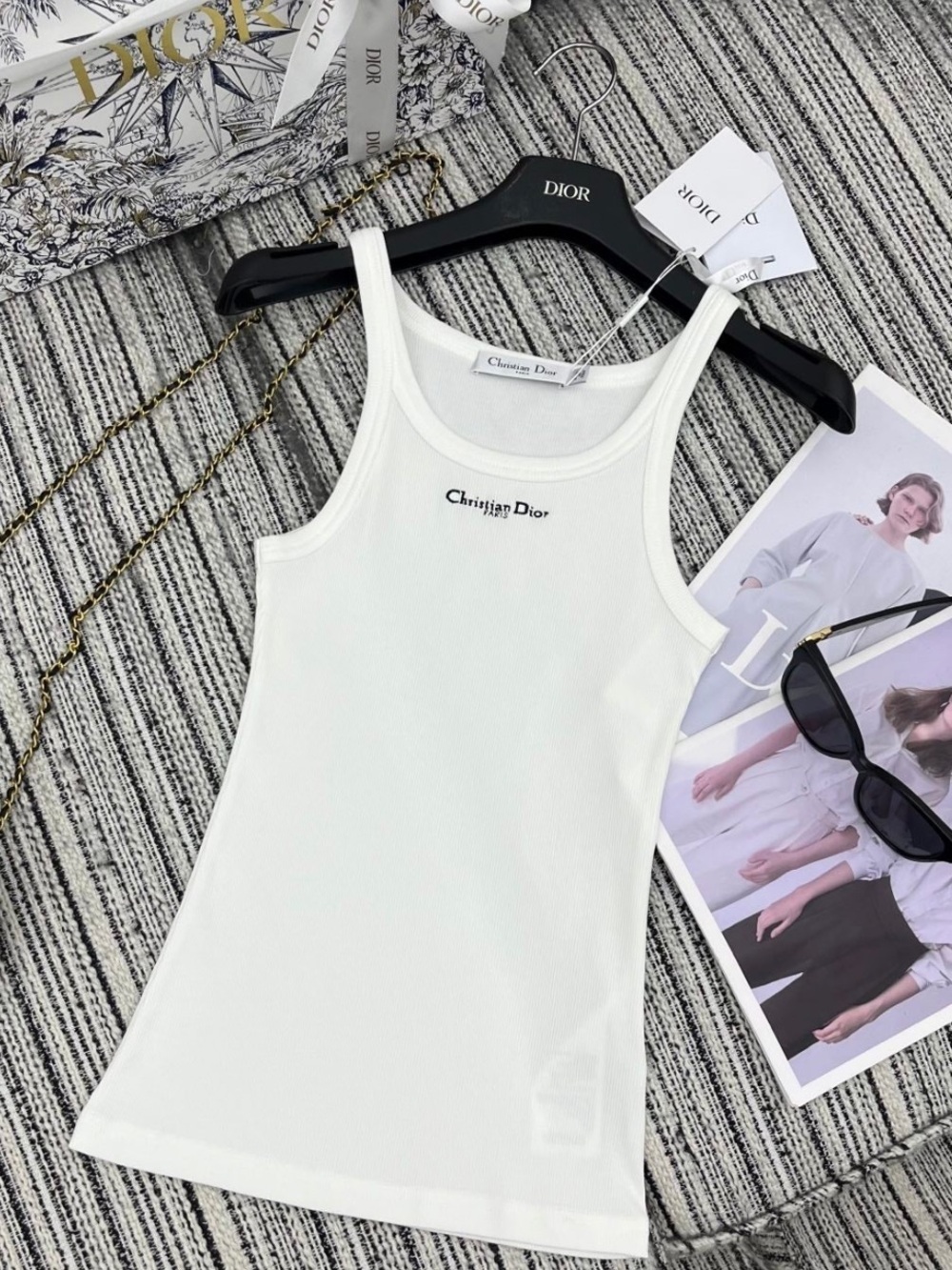Dior White Ribbed Tank Top with Subtle Logo